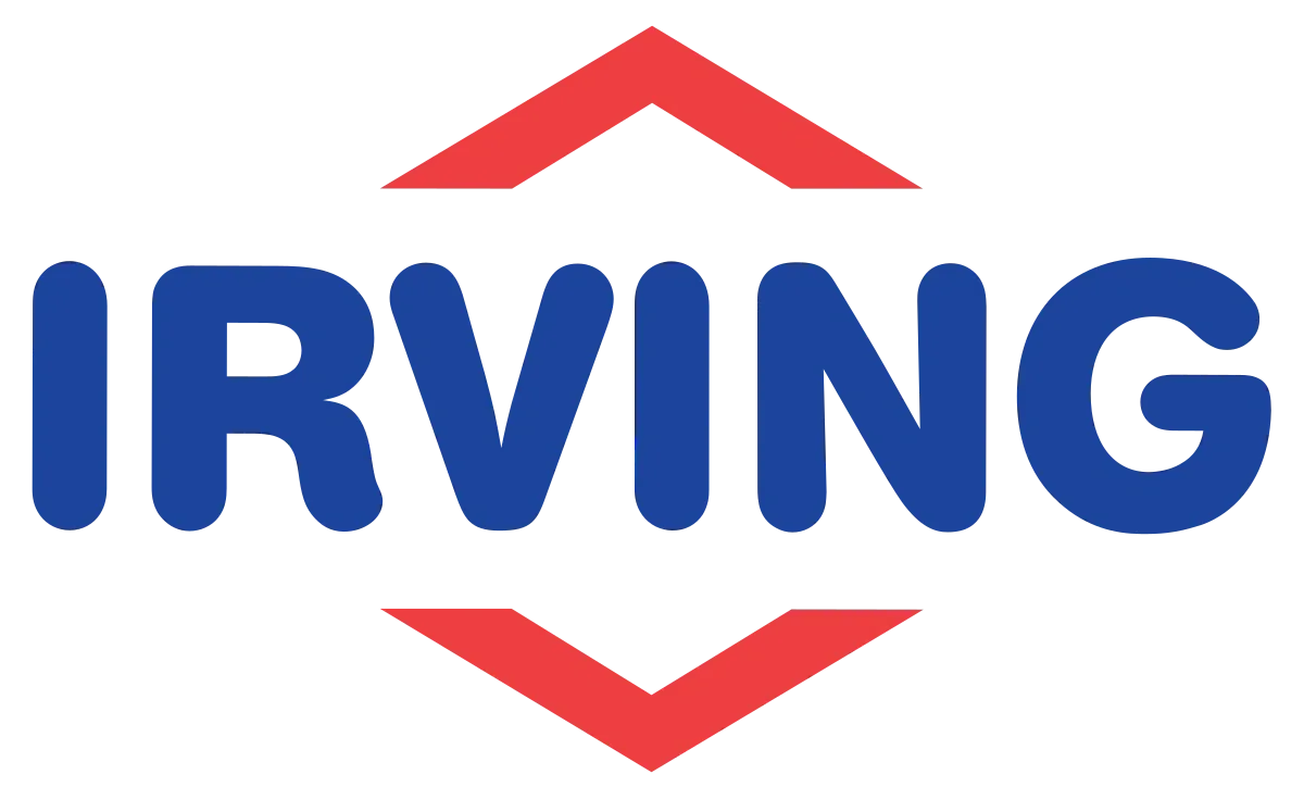 Irving branding with red arrow accents